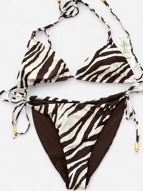 Jessica Simpson Brown and White Zebra-Trim Triangle Bikini